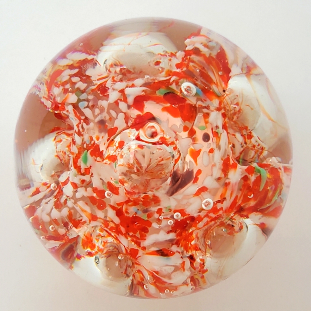 Glass Blown Paperweight Handmade Medium Orange White Swirl Unique Bubble…